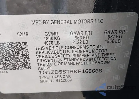 2019 Chevrolet Malibu Lt z USA, uszkodzony, nr VIN 1G1ZD5ST6KF168668